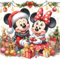 two mickey and minnie mouses with christmas decorations