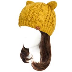 Look cute while keeping your head warm and toasty this winter with this stylish cat ears beanie. The beanie features a cable knit pattern and two cat ears on the side. Knitted with soft acrylic that provides great coverage over the entire head and ears. The perfect accessory for winter weather conditions. Available in various colors. Trendy design with its cute cat ears that is warm and comfortable as well. Dimensions: 17 inch circumference, 8 inch height. Material: Acrylic. Winter Beanie With Adjustable Fit And Cat Ears, Casual Warm Cat Ears Hat, Winter Cat Ears Hat With Ears Detail, Winter Beanie With Cat Ears, One Size Fits Most, Adjustable Yellow Winter Beanie, Knit Crown, Cat Eared Beanie, Fashion Apron, Cat Beanie