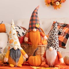 an assortment of stuffed pumpkins and gnomes on a table