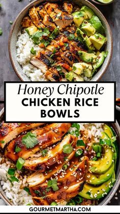 two bowls filled with chicken, rice and avocado on top of each other