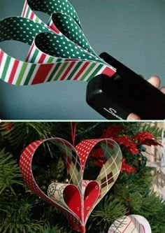 two pictures of christmas decorations hanging from a tree, one has a heart shaped ornament and the other has a cell phone