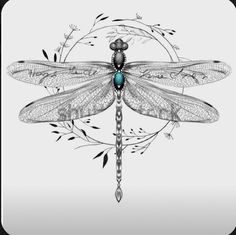 a drawing of a dragonfly sitting on top of a branch with leaves around it