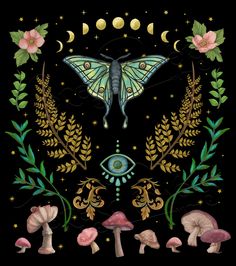 a painting with mushrooms, plants and a butterfly on it's wings in the night sky