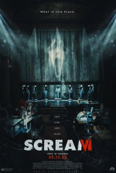 a movie poster for scream with people standing in front of the stage and lights on