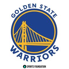 the golden state warriors logo is shown in blue and yellow with an image of a bridge