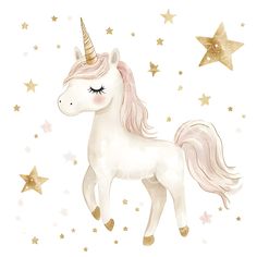 a watercolor drawing of a unicorn with stars in the background and gold foil on its forehead