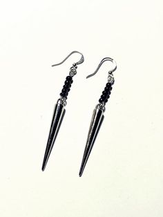 Billy Hargrove Earrings: black beads, silver spikes, beaded dangling earrings, strange things, stran Edgy Silver Earrings For Alternative Fashion, Alternative Style Silver Party Earrings, Silver Punk Plug Earrings For Parties, Black Edgy Sterling Silver Earrings, Edgy Black Sterling Silver Earrings, Black Sterling Silver Edgy Earrings, Nickel-free Black Punk Earrings, Black Nickel-free Punk Earrings, Alternative Style Nickel-free Black Earrings