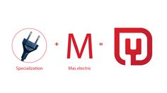 two different logos with the letter m and an electrical symbol in red, white and blue