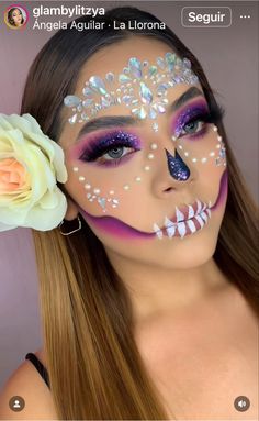 Purple Catrina Makeup, Catrina Makeup, Halloween Makeup Diy Easy, Halloween Makeup Clown, Dead Makeup, Halloween Eye Makeup