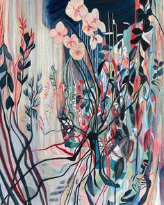 an abstract painting with flowers and leaves