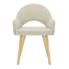 a beige upholstered chair with wooden legs