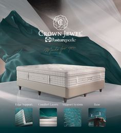 an advertisement for crown jewel bedding and mattresses, featuring the company's logo