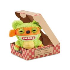 a stuffed animal in a cardboard box with a sign on it's head that says pizza eating four