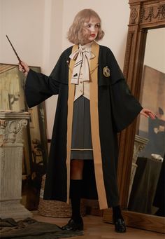 Hufflepuff Black and Yellow Robe Harry Potter Collaboration Hogwards Robe Hufflepuff Uniform, Hufflepuff Outfit, Harry Potter Robes, Cloak Coat, Wizard School, Harry Potter Hufflepuff, Harry Potter Costume, Harry Potter Outfits, Cape Style