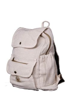 "Our Sunshine Joy natural backpacks are similar to the popular \"Pure Hemp\" style bags. Designed for students and adventurers alike, they are great for hiking trips, camping, festival-going, picnics, and more. These high-quality bags feature comfortable and sturdy shoulder straps,  a double interlocking \"lockable\" zipper top, two outside front pockets (one zippered and one with a snap), two side bottle holders, and a large 8x10-inch interior pocket.  The backpack measures approximately 16 x 1 Beige Standard Backpack For Outdoor, Casual Beige Backpack For Outdoor Activities, Casual Adventure Backpack, Practical Backpack For Outdoor Activities, Casual Beige Backpack For Outdoor Use, Casual Canvas Hiking Bag, Outdoor Backpack With Pockets, Beige Backpack For Outdoor Activities, Casual Adventure Bag With Pockets