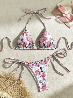 Women's Summer Beach Floral Print Halter Neck Tie Sexy Bikini Set, Bathing Suit Multicolor    Fabric Graphic  High Stretch  Women Clothing, size features are:Bust: ,Length: ,Sleeve Length: Beach Floral, Estilo Hip Hop, Womens Bathing Suits, Beachwear For Women, Kids Beachwear, Halter Neck, Bathing Suit, Summer Beach, Summer Women