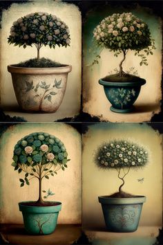 four paintings of flowers and trees in pots