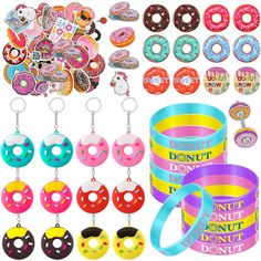 assorted donuts and bracelets are shown in various colors, shapes and sizes