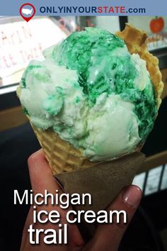 an ice cream cone with green icing and waffle cones on top that says, michigan ice cream trail