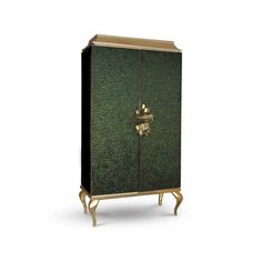 a green and gold cabinet with two doors