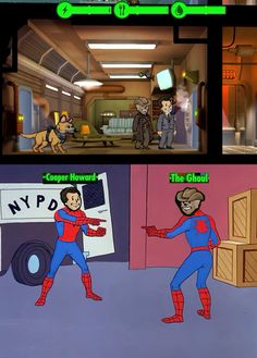 the animated scene shows two different scenes, one with a man in a red and blue suit