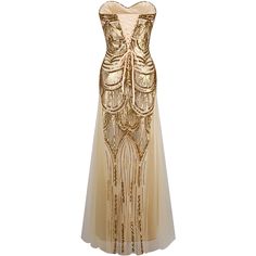 Gold Strapless Sequined A-line Tulle Lace up Long Evening Dress Prom Dresses Gold, Gold Dresses Long, Party Dress Patterns, Designer Formal Dresses, Angel Fashion, 1920s Flapper Dress, Sequins Dress, Vintage Prom, Long Evening Dress