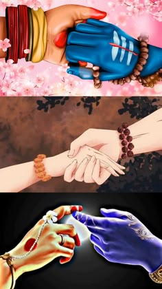 two hands holding each other with different colors and designs on their fingers, one is wearing a bracelet