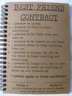 a notebook with the words best friend contract written on it