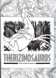 therizinosaurusus is shown in this black and white poster with an image of a