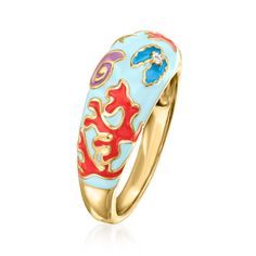 Ross-Simons - Multicolored Enamel Sea Life Ring, White Topaz Accent Over Sterling. Size 8. An RS exclusive. This under-the-sea style will take any outfit above and beyond! A vibrant multicolored enamel scene of coral, seashells, starfish and a clam shell, accented with a white topaz gem, spans the front of the 18kt yellow gold over sterling silver band. 1/4" wide. Multicolored enamel sea life ring. Gold Filled Rings, Sea Style, Surf Jewelry, Life Ring, Summer Rings