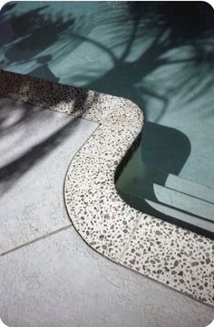 the shadow of a tree is cast on the concrete near an empty swimming pool with blue water