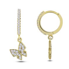 "Solid 14K Gold Diamond Butterfly Dangle Earrings / 0.28 CTW Natural White Diamonds / White, Yellow, Rose Gold / Handmade 🔹Made to Order. 🔹Gold KT: 14K 🔹Custom Gold Color: Rose Gold, Yellow Gold, White or Multi 🔹Diamond Cut: Round 🔹Number of Stones: 60 (for the pair) 🔹Stone Size: 1.30MM 🔹Total CTW: 0.1 🔹Diamond Color Clarity: G Color SI Clarity 🔹Dimensions: 14.24 MM length, 2.34 MM Width 💛 All our pieces are 14K White, Yellow or Rose Gold. 🙌 As our pieces are unique and each is handma Yellow Gold Dangle Diamond Earrings For Gift, Gift Diamond Accent Dangle Huggie Earrings, Gift Huggie Dangle Earrings With Diamond Accents, Huggie Earrings With Diamond Accents For Gift, Huggie Earrings With Diamond Accents As A Gift, White Hoop Earrings With Diamond Accents As Gift, White Hoop Earrings With Diamond Accents For Gift, White Gold Dangle Diamond Earrings As Gift, Butterfly Dangle Earrings