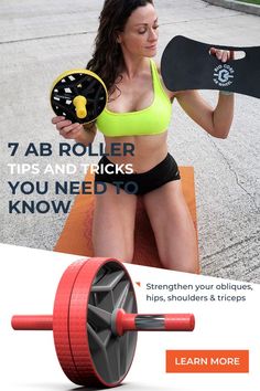 a woman holding a skateboard in front of her face with the text 7 ab roller tips and tricks you need to know