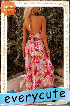 Red Halter Neck Backless Floral Print Maxi Dress with Ties Pink Halter Neck Maxi Dress For Summer, Flirty Summer Maxi Dress With Tie Back, Pink Tie Back Dress For Summer, Pink Halter Neck Maxi Dress For Beach Season, Pink Tie Back Backless Dress, Beach Season Halter Neck Dress With Tie Back, Pink Tie-back Backless Dress, Halter Neck Tie Back Dress For Beach Season, Beach Party Halter Neck Dress With Tie Back