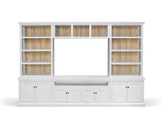 a white entertainment center with wooden shelves and drawers on each side, including a mirror