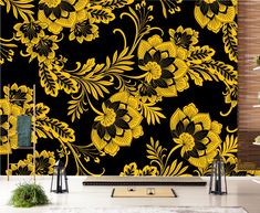 a black and yellow wallpaper with flowers on it