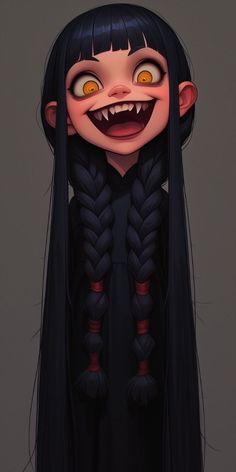 an animated character with long black hair and orange eyes, wearing braids on her head