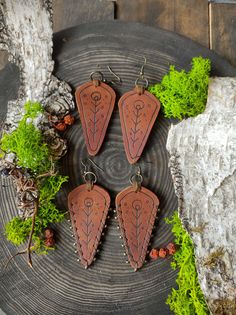 Leather Scrap Jewelry, Druid Accessories, Hand-tooled Brown Earrings For Festival, Brown Hand Tooled Earrings For Festival, Unique Brown Festival Earrings, Nature-inspired Brown Jewelry For Festivals, Handmade Leather Bohemian Earrings, Handmade Leather Earrings For Festivals, Festival Handmade Leather Earrings