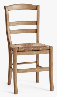 a wooden chair with woven seat padding on the back and sides, against a white background