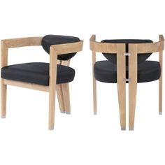 two wooden chairs with black upholstered cushions