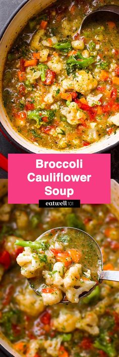 broccoli cauliflower soup in a pot with spoon