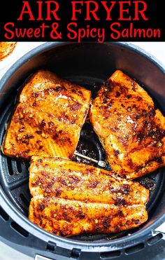 air fryer sweet and spicy salmon in an air fryer with text overlay