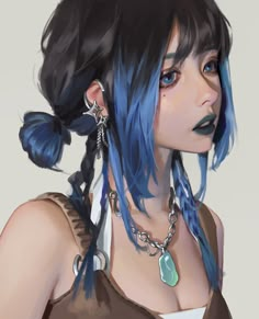 Braids Drawing, Mole Under Eye, Hair Gradient, Two Toned Hair, Portrait Jewelry, Two Tone Hair, Gradient Hair, Blue Haired Girl, Oc Manga