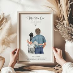 two people holding each other in front of a white frame with text that reads, to my step dad on father's day