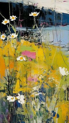 an abstract painting of daisies and other wildflowers in a field by the water