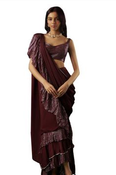 Wine tiered-textured pre-draped ruffle saree with placed sequin embellishments. Comes with padded textured blouse. - Aza Fashions Aakanksha Singh, Ruffle Sarees, Textured Blouse, Ruffle Saree, Drape Saree, Buy Wine, Blouse For Women, Saree With Blouse, Sarees Online