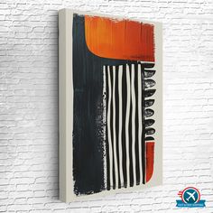 an abstract painting on a white brick wall with black and orange stripes in the center