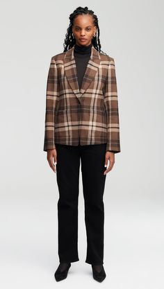 Made of elegant Italian wool plaid, this sophisticated blazer features traditional suiting details like a single button closure, a peak label, and exterior patch pockets. Convey an air of elevated academia in your wardrobe with this outerwear piece, which can be styled with a white button-up and jeans or a turtleneck and trousers. Khaki Blazer, Plaid Brown, Lapel Blazer, Women's Blazers, Good To See You, White Button Up, Brown Plaid, Plaid Fashion, Womens Blazers