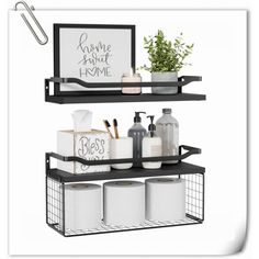 two shelves with toiletries and other items on them, one shelf has a sign that says home