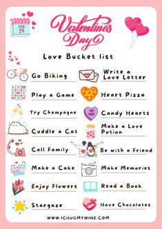 valentine's day love bucket list with hearts, balloons and other things to do